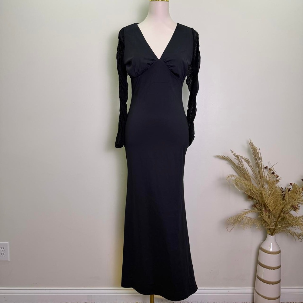 Coquette Black V Neck Bodycon Maxi Dress with Ruched Sheer Sleeves